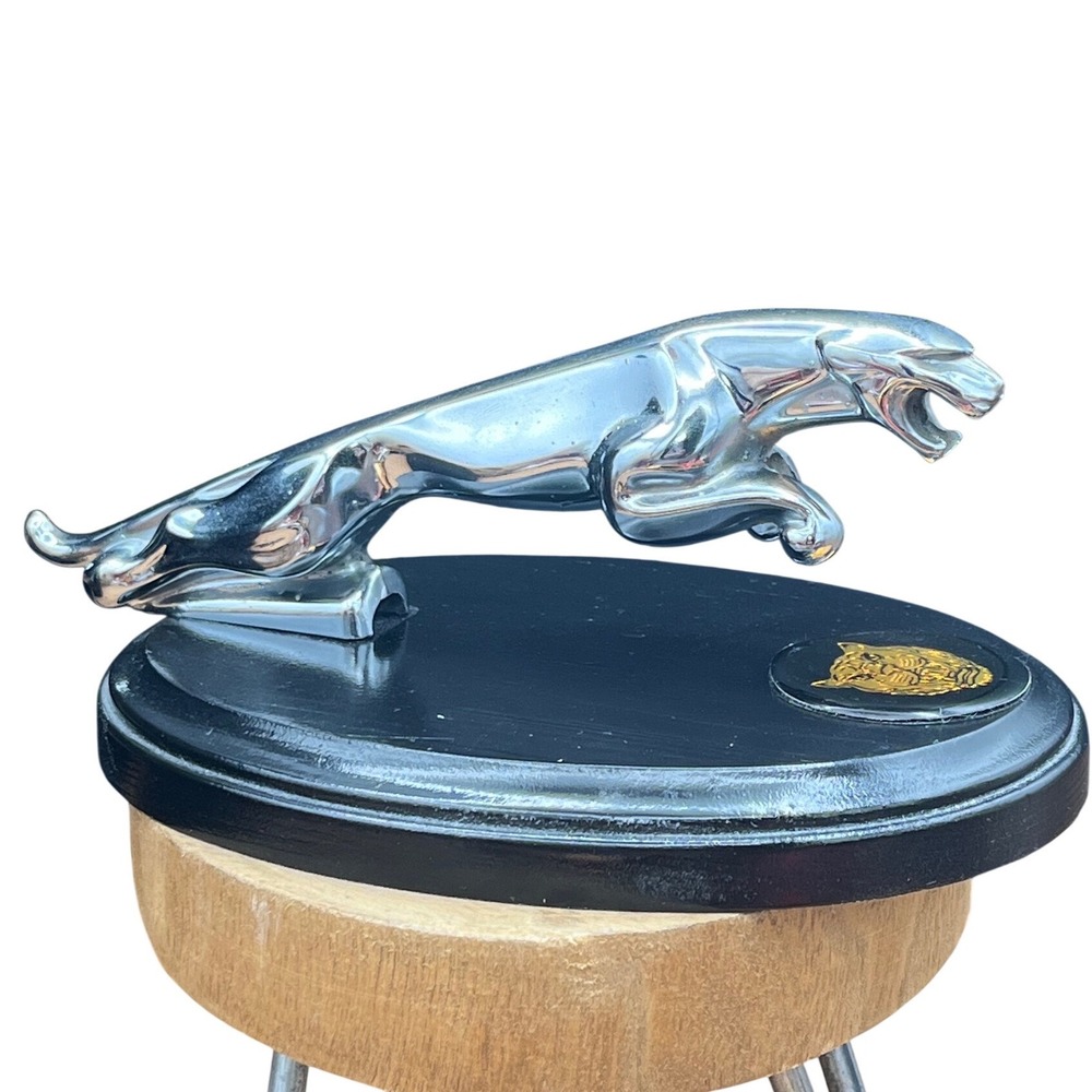 Jaguar Leaper Hood Ornament Mascot Chrome on Black Wood Display Base 7.5 Inch